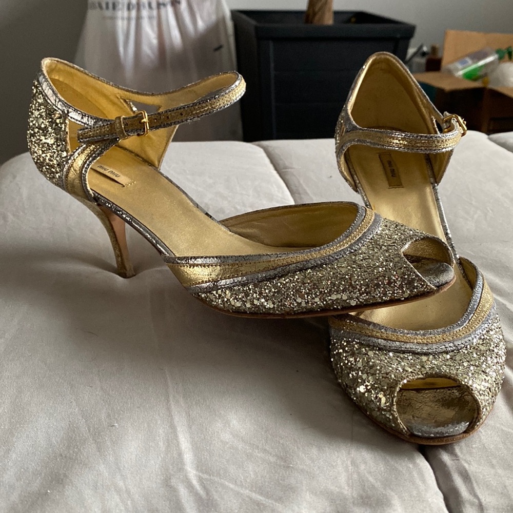 Miu Miu silver and gold kitten heel